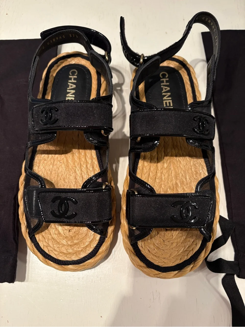 CHANEL Black Canvas and Natural Rope Espadrille Sandals